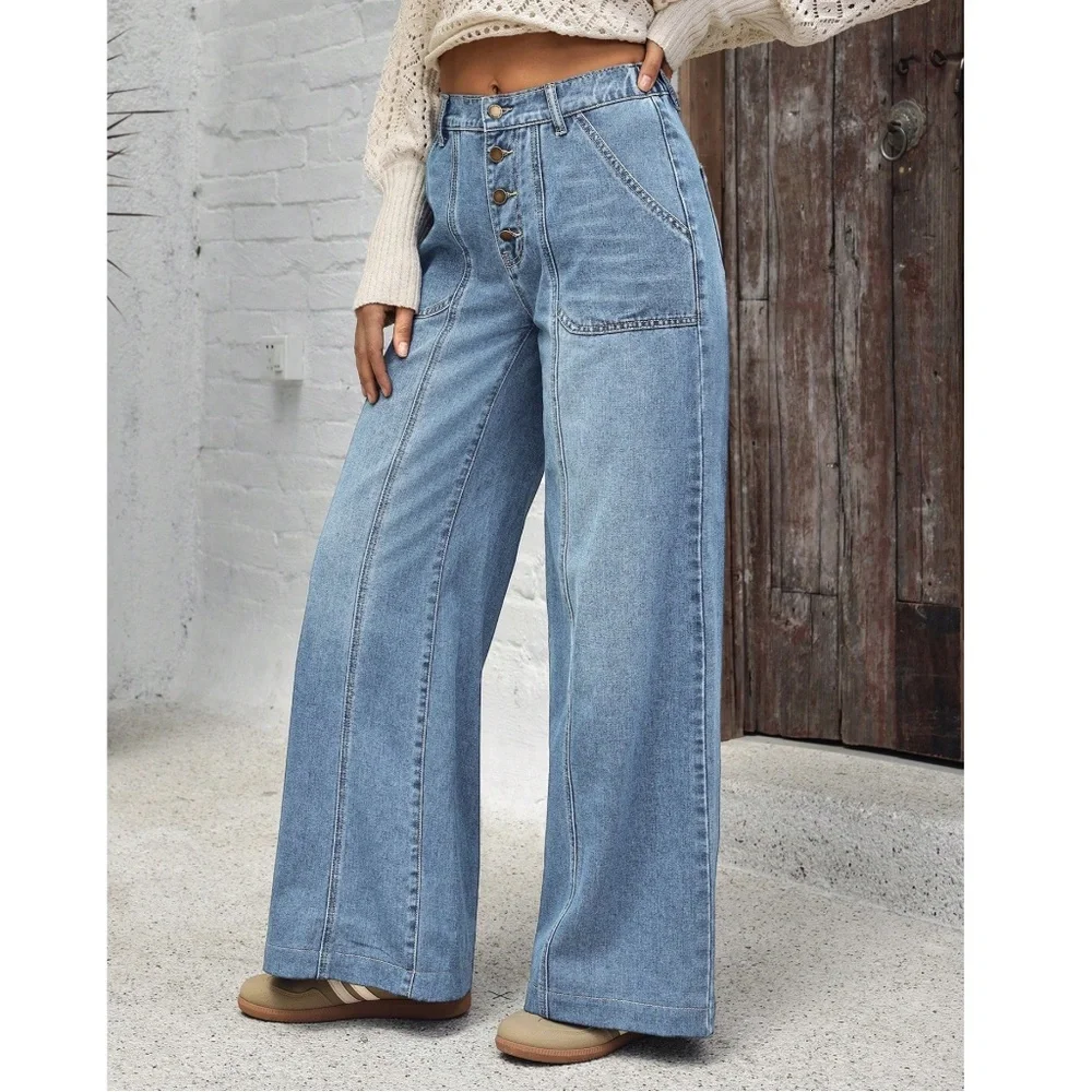 Dark Wash  Blue Wide leg Button Fly Wide leg Denim Jeans - Picture 4 of 8